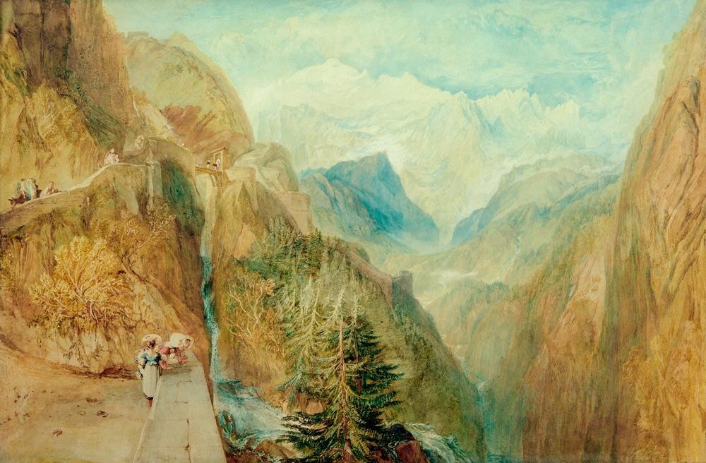 JOSEPH MALLORD WILLIAM TURNER, Mont Blanc from Fort Roch in the Val d’Aosta (Gebirge,Kunst,Landschaft,Mensch,Englische Kunst,Fussgänger,Romantik,Privatsammlung,Ausblick)