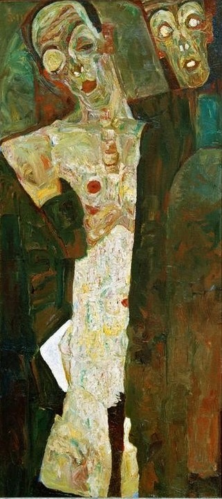 Egon Schiele, Der Prophet. Doppelselbstbildnis (Künstler,Kunst,Maler (Künstler),Mann,Selbstbildnis,Schizophrenie,Portrait,Expressionismus,Österreichische Kunst,Doppelportrait,Kniestück,Person)