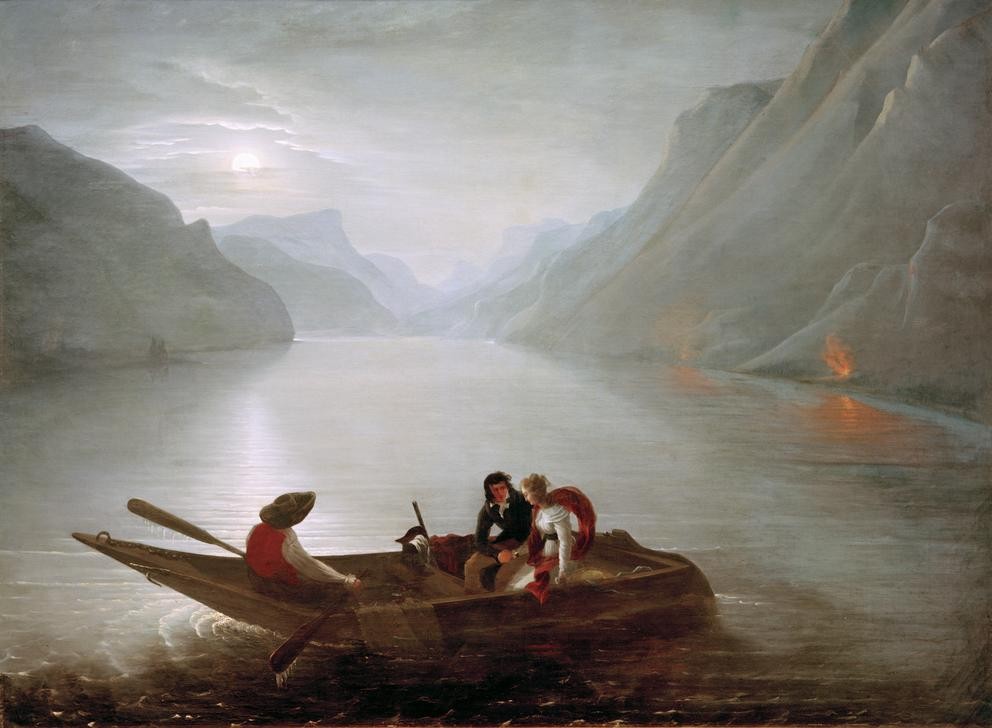 Unbekannt, Julie und Saint-Preux auf dem Genfer See  (Landschaft, See, Schweiz, Boot, Leuchtfeuer, Charles Edouard Crespy Le Prince, Wunschgröße, Klassiker, Wohnzimmer)