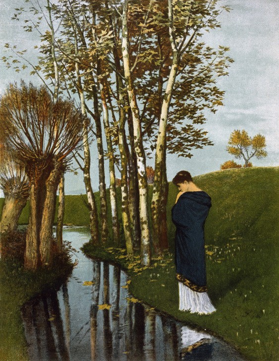 Arnold Böcklin, Herbstgedanken (Jahreszeiten, Herbst, Bach, Bäume, Landschaft, Melancholie, Birken, Einsamkeit,   Symbolismus, Wunschgröße, Klassiker, Wohnzimmer, bunt)