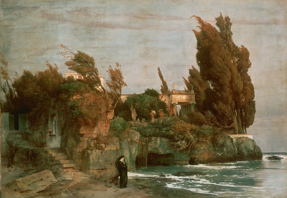 Arnold Böcklin, Villa am Meer (Landschaft, Meer, Küste, Klippen, Haus, Menschen, Frau, Wartende, Sturm, Wind,  Symbolismus, Wunschgröße, Klassiker, Wohnzimmer, bunt)