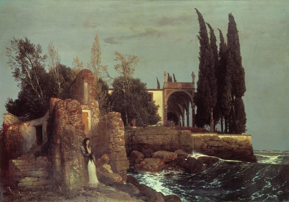 Arnold Böcklin, Villa am Meer (Landschaft, Meer, Küste, Wellen Haus, Menschen, Frau, Wartende, Sturm, Wind,  Symbolismus, Wunschgröße, Klassiker, Wohnzimmer, bunt)