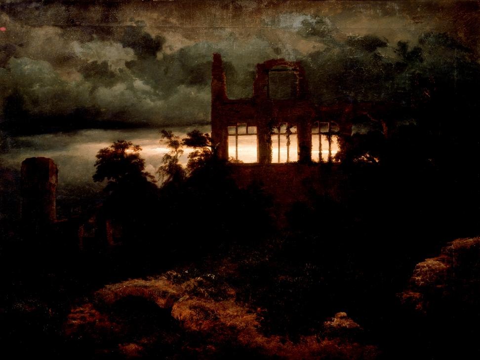 Arnold Böcklin, Burgruine (Landschaft, düster, Wolken, Unwetter, Sonnenuntergang, Ruine, Mauerwerk, Symbolismus, Wunschgröße, Klassiker, Wohnzimmer, bunt)