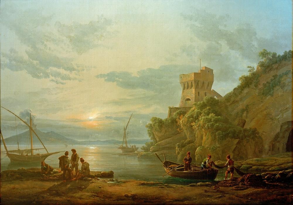 Johan Christian Clausen-Dahl, Küste nahe Castellamare im Morgennebel (Italien, Meer, Festung, Turm, Fischer, Landschaft, Landschaftsmalerei, Boote, Sonnenaufgang, Malerei, Wunschgröße, Klassiker, Romantik, Wohnzimmer)