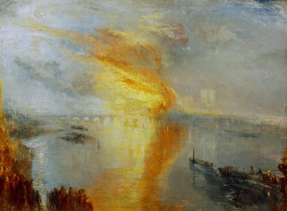 JOSEPH MALLORD WILLIAM TURNER, The Burning of the Houses of Lords and Commons, October 16, (Brücke,Geographie,Houses Of Parliament,Kunst,Parlament,Stadtansicht,Englische Kunst,Menschenmenge,Zuschauer,Romantik,Topographie,Brand)