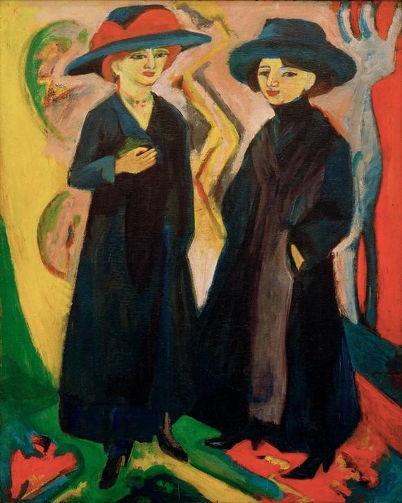 Ernst Ludwig Kirchner, Zwei Mädchen (Midinetten) (Damenhut,Damenmode,Deutsche Kunst,Frau Und Beruf,Frau,Kunst,Mantel,Mensch,Mode,Näherin,Portrait,Expressionismus,Die Brücke,Junge Frau,Doppelportrait,Ganzfigurig)