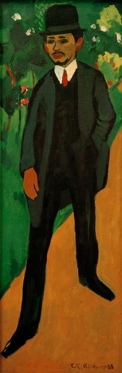 Ernst Ludwig Kirchner, Bildnis Erich Heckel (Deutsche Kunst,Grafiker,Herrenhut,Herrenmode,Künstler,Kunst,Maler (Künstler),Mann,Mode,Hut,Portrait,Expressionismus,Die Brücke,Fussgänger,Hände In Den Hosentaschen,Ganzfigurig,Person)