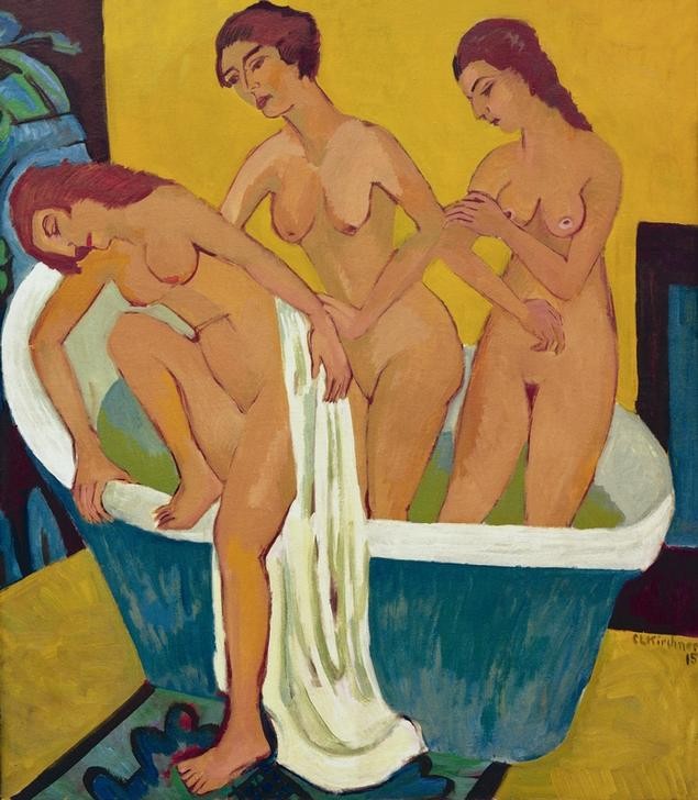 Ernst Ludwig Kirchner, Badende Frauen (Körperpflege,Bad,Deutsche Kunst,Frau,Gruppenbild,Kunst,Wannenbad,Akt,Expressionismus,Die Brücke,Badewanne)