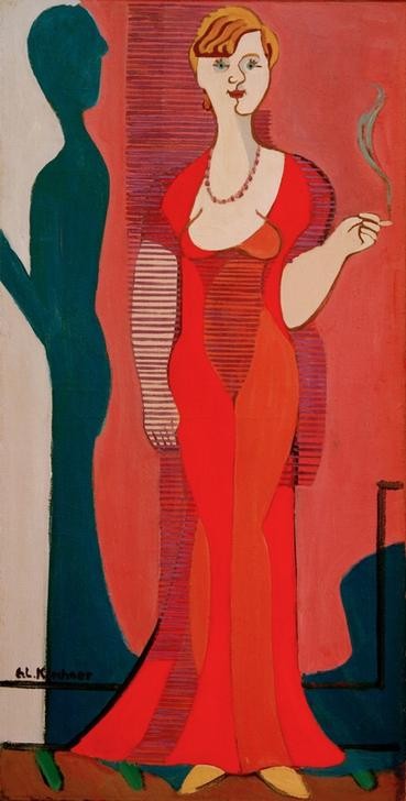 Ernst Ludwig Kirchner, Blonde Frau in rotem Kleid. Bildnis Elisabeth Hembus (Damenmode,Deutsche Kunst,Frau,Kunst,Mensch,Zigarette,Rauchen,Portrait,Expressionismus,Abendkleid,Die Brücke,Eleganz,Ganzfigurig,Raucherin)