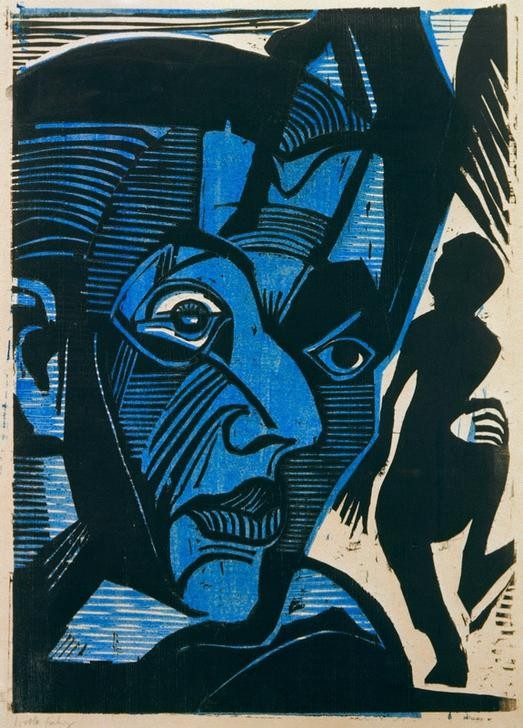 Ernst Ludwig Kirchner, Melancholie der Berge (Selbstbildnis) (Bildhauer,Deutsche Kunst,Grafiker,Künstler,Kunst,Maler (Künstler),Mann,Selbstbildnis,Portrait,Melancholie,Expressionismus,Die Brücke,Blau,Kopf,Gefühl (Stimmung),Halbprofil,Person,Schraffur,Farbe)