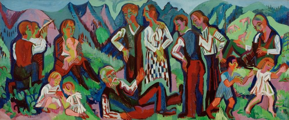 Ernst Ludwig Kirchner, Sonntag der Bergbauern (Alpsonntag) (Armbrust,Bauer (Landwirt),Deutsche Kunst,Dorfkind,Familie,Grossvater,Gruppenbild,Jahr Und Kalender,Kind,Kunst,Freizeit,Volkskunde,Wochentage,Sonntag,Expressionismus,Die Brücke,Grossfamilie,Familienleben,Landleben,Kinderleben,Ausruhen,Entspannung,Dorfleben)