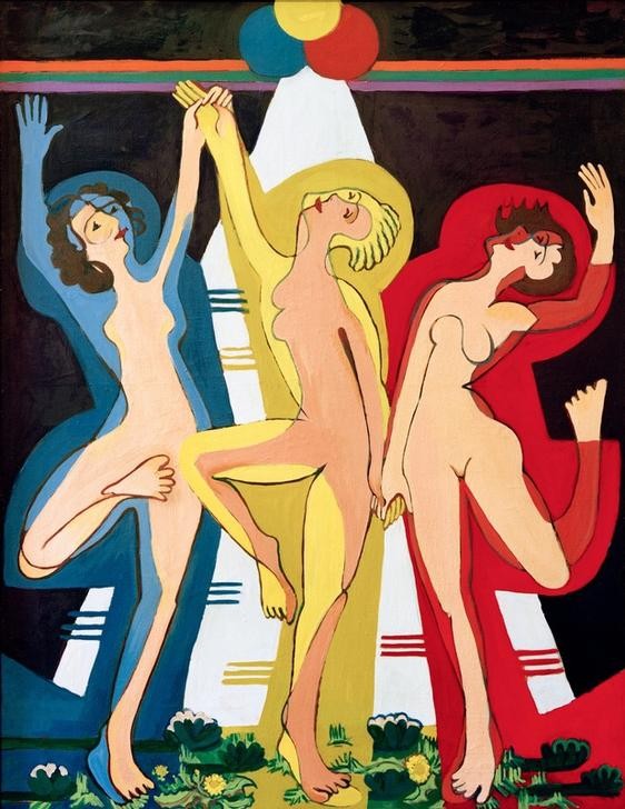 Ernst Ludwig Kirchner, Farbentanz II (Ausdruckstanz,Deutsche Kunst,Frau,Kunst,Musik,Tänzerin,Tanz,Akt,Expressionismus,Die Brücke,Lebensfreude,Ausgelassenheit,Tanz Im Freien,Nackttanz)