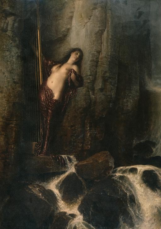 Arnold Böcklin, Die Meeresbrandung (Wasser, Element, Frau, Aktmalerei, Brandung, Felsen, Meer, Harfe, Sehnsucht, Symbolismus, Wunschgröße, Klassiker, Wohnzimmer, bunt)