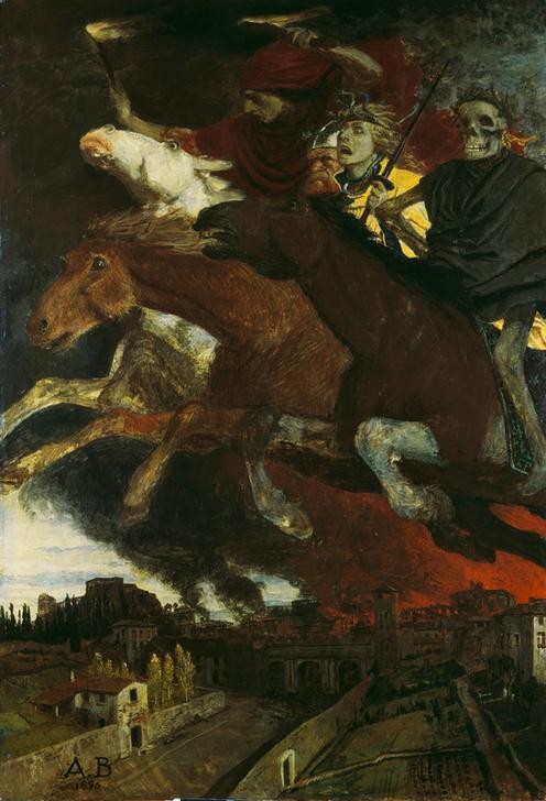 Arnold Böcklin, Der Krieg (Krieg, Reiter, Allegorie,  Apokalyptische Reiter, Skelett, fliegende Rosse, Endzeit, Religion, Symbolismus, Wunschgröße, Klassiker, Wohnzimmer, bunt)