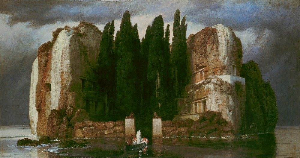 Arnold Böcklin, Die Toteninsel (Friedhof, Nekropole, Tod, Leichentransport, Totenreich, Jenseitsvorstellungen, Toteninsel, Fähre, Fährmann, Felsen, Zypressen, mystisch, düster, Symbolismus, Wunschgröße, Klassiker, Wohnzimmer, bunt)