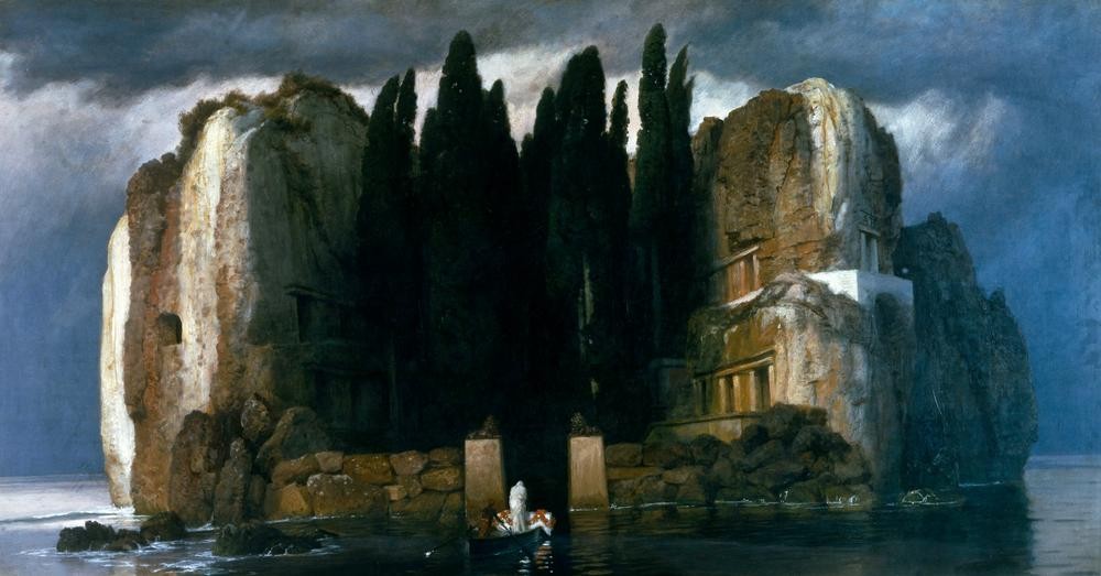 Arnold Böcklin, Die Toteninsel (Friedhof, Nekropole, Tod, Leichentransport, Totenreich, Jenseitsvorstellungen, Toteninsel, Fähre, Fährmann, Felsen, Zypressen, mystisch, düster, Symbolismus, Wunschgröße, Klassiker, Wohnzimmer, bunt)