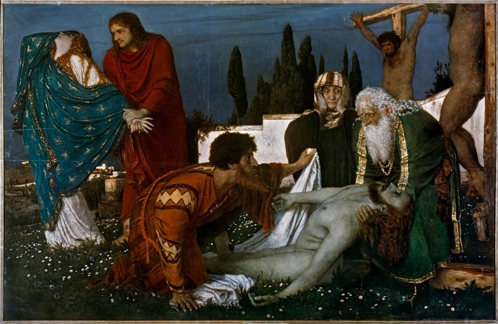 Arnold Böcklin, Beweinung unter dem Kreuz (Christentum, Kreuzabnahme, Jesus Christus, Beweinung,  Leiche, Religion, Neues Testament, Bibel, Totenklage, Passion Christi, Symbolismus, Wunschgröße, Klassiker, Wohnzimmer, bunt)