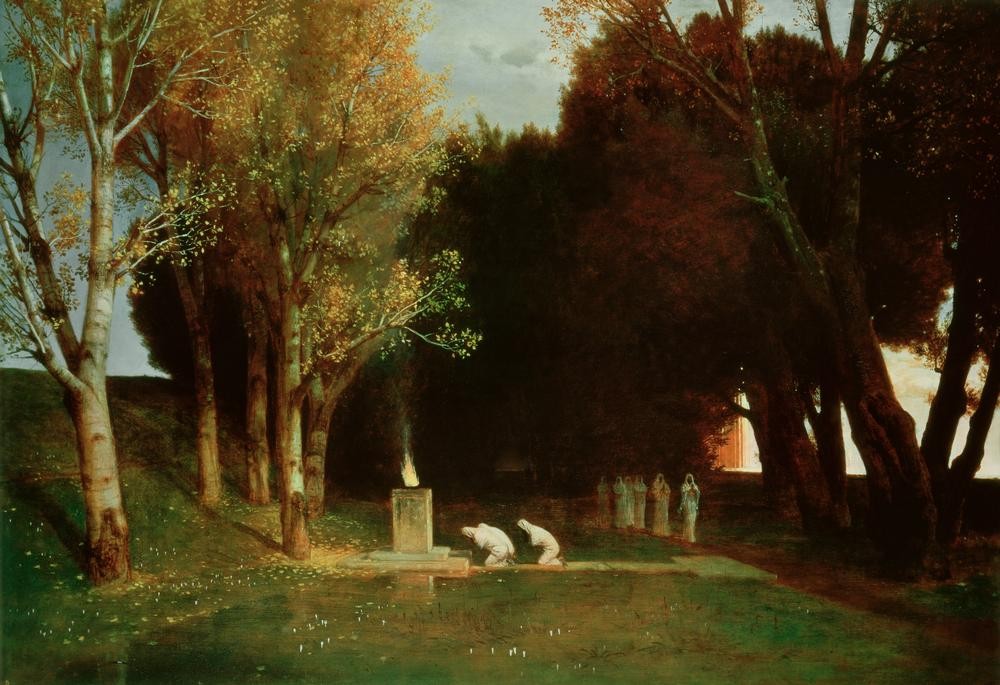 Arnold Böcklin, Der heilige Hain (Heiliger Hain, Ewiges Feuer, Prozession, religiös, mystisch, Symbolismus, Wunschgröße, Klassiker, Wohnzimmer, bunt)