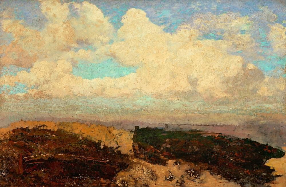 Odilon Redon, Boote am Strand (Boot,Himmel (Natur),Küste,Kunst,Landschaft,Schiff,Strand,Wolke,Fischerboot,Meer,Symbolismus,Marinemalerei,Französische Kunst)