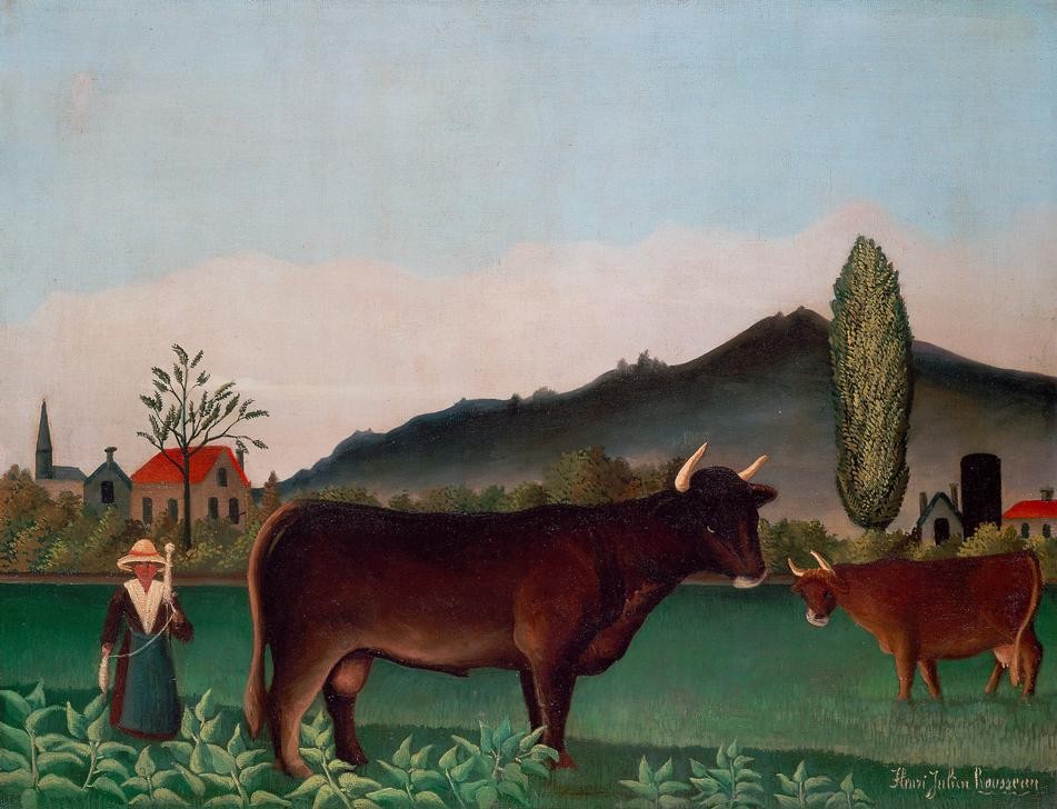 Henri Rousseau, Paysage avec vaches (Landwirschaft, Viehzucht, Rinder, Weide, Vieh, Mädchen,  Spindel, Spinnen, Idylle, naive Malerei, Wunschgröße, Wohnzimmer, Treppenhaus, Malerei, klassische Moderne, bunt)