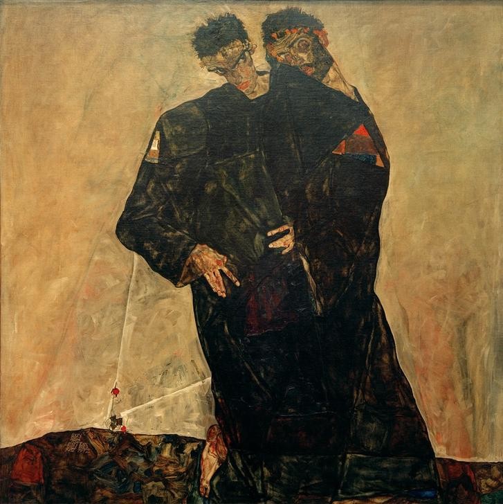 Egon Schiele, Die Eremiten (Freundschaft (Allgemein),Künstler,Maler (Künstler),Mann,Zeichner,Selbstbildnis,Portrait,Expressionismus,Eremit,Österreichische Kunst,Aussenseiter,Doppelportrait,Person)