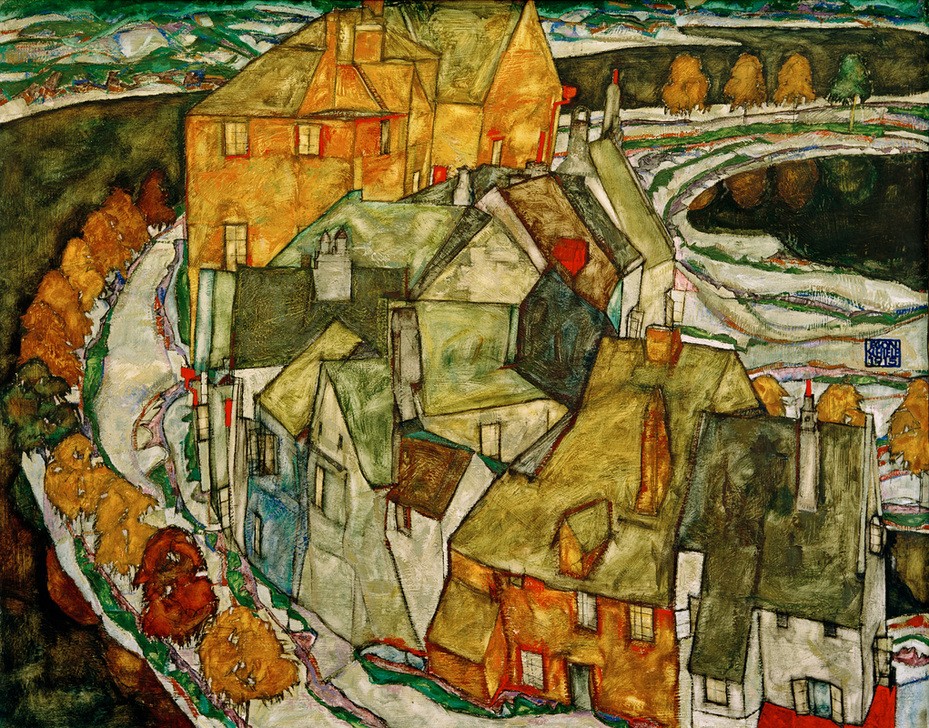 Egon Schiele, Der Häuserbogen (Architektur,Kunst,Stadt,Teilansicht,Fluss,Expressionismus,Stadtansicht,Architekturdarstellung,Vogelschau,Österreichische Kunst,Dachlandschaft,Bogen (Form))