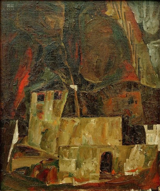 Egon Schiele, Mauer und Haus vor hügeligem Gelände mit Zaun (Haus,Kunst,Landschaft,Expressionismus,Architekturdarstellung,Österreichische Kunst)