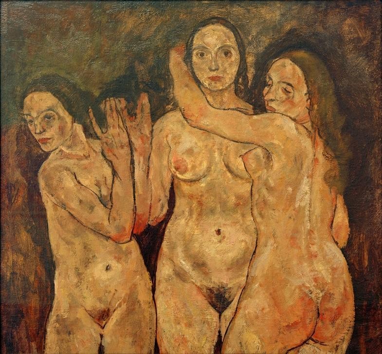 Egon Schiele, Drei stehende Frauen (Frau,Freundschaft (Allgemein),Gruppenbild,Akt,Expressionismus,Österreichische Kunst)