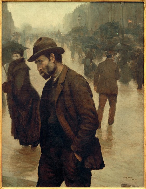 Jules Adler, La rue (ARBEITER, ARMUT, GEOGRAPHIE, GESELLSCHAFT, HERRENHUT, KUNST, MENSCH, METEOROLOGIE, REGEN, SOZIALES, STADT, STRASSE (ALLGEMEIN), STRASSENSZENE, WETTER, HUT, GROSSSTADT, REGENSCHIRM, FRANZÖSISCHE KUNST, FUSSGÄNGER, GESELLSCHAFTSKRITIK, HÄNDE IN DEN HOSENTAS)