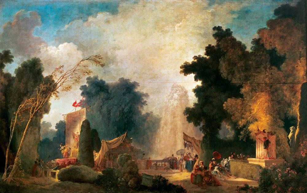 Jean-Honoré Fragonard, Fête dans un parc, dit La fête à Saint– Cloud (Fest, Feiern, Bühnen,  Park, Kasperletheater, Moritatensänger, Wasserspiele,  Höfische Gesellschaft, Treppenhaus, Wohnzimmer, Rokoko, Klassiker, Wunschgröße, Malerei, bunt)