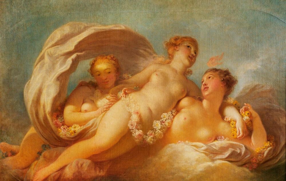 Jean-Honoré Fragonard, Les trois Graces (Mythologie, Drei Grazien,   Aktmalerei, üppig, Erotik,  Treppenhaus, Wohnzimmer, Rokoko, Klassiker, Wunschgröße, Malerei, bunt)