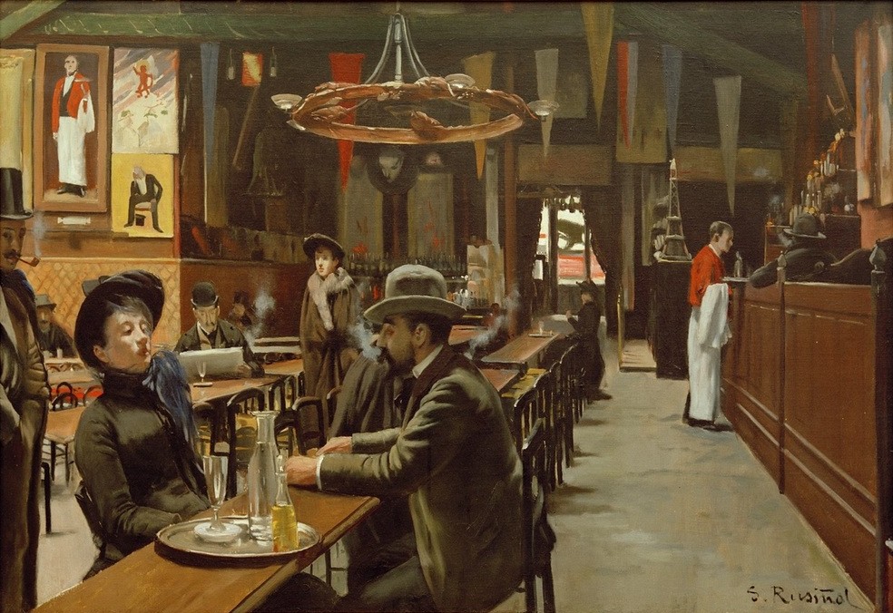 Santiago Rusinol, Café de Montmartre (Frau,Gastronomie,Kunst,Mann,Nachtleben,Freizeit,Stadt,Wein,Zigarre,Impressionismus,Grossstadt,Interieur,Spanische Kunst,Genre,Weinglas,Paar,Cafe,Fin De Siecle,Gast,Karaffe,Melone (Hut),Raucher,Theke (Lokal))