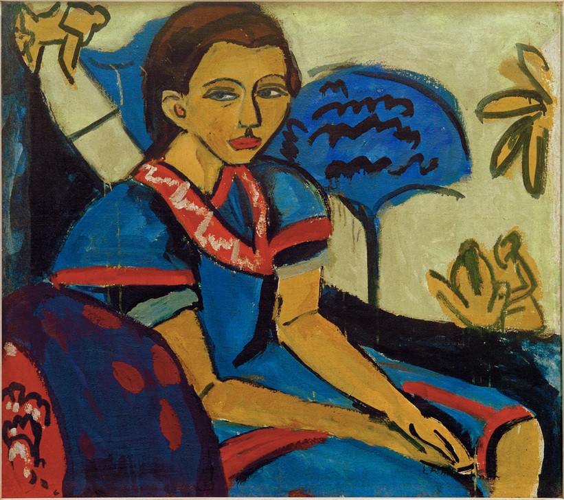 Ernst Ludwig Kirchner, Fränzi (Deutsche Kunst,Kind,Kunst,Mädchen,Mensch,Portrait,Expressionismus,Die Brücke,Sitzen,Blick Aus Dem Bild,Kniestück,Halbprofil,Person,Farbe)