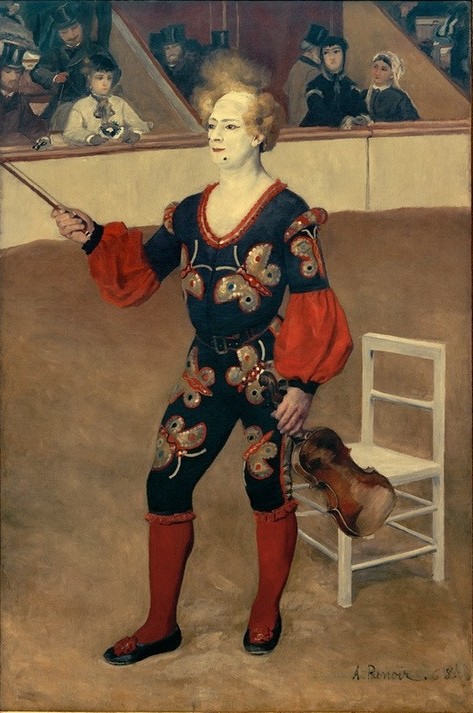 Pierre-Auguste Renoir, Clown au cirque (Fahrendes Volk,Gesellschaft,Mann,Musik,Narr,Zirkus (Theater),Geige,Kostüm (Verkleidung),Clown,Französische Kunst,Trikot,Manege,Stuhl,Zuschauer,Maske (Schminke),Vorführung)