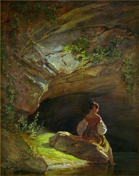 Carl Spitzweg, Mädchen vor der Grotte (Körperpflege,Bad Im Freien,Bad,Deutsche Kunst,Frau,Fussbad,Kunst,Rast,Biedermeier,Höhle,Quelle,Rückenfigur,Genre,Landleben,Frauenleben,Sitzen)