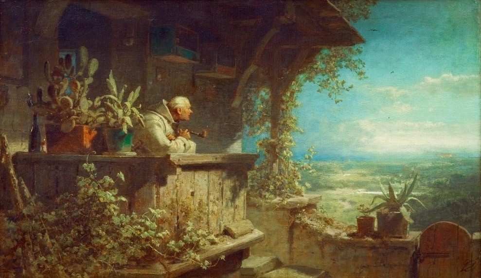 Carl Spitzweg, Verdächtiger Rauch (Balkon,Christentum,Deutsche Kunst,Feuer,Kaktus,Kirche,Kunst,Landschaft,Mann,Religion,Tabak,Pfeife (Tabak),Rauchen,Biedermeier,Mönch,Eremit,Agave,Topfpflanze,Genre,Einsiedelei,Weinflasche,Raucher,Brand,Ausblick,Aussicht)