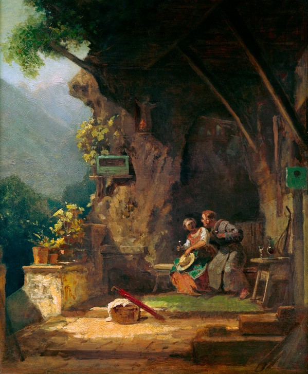 Carl Spitzweg, Der verliebte Einsiedler (Deutsche Kunst,Frau,Katholische Kirche,Kirche,Kunst,Liebe,Liebe Und Ehe,Mann,Religion,Terrasse,Biedermeier,Libido,Mönch,Verführung,Eremit,Genre,Einsiedelei,Sexualität,Zudringlichkeit,Annäherung,Zölibat,Seelsorge,Verliebt,Höhlenwohnung)