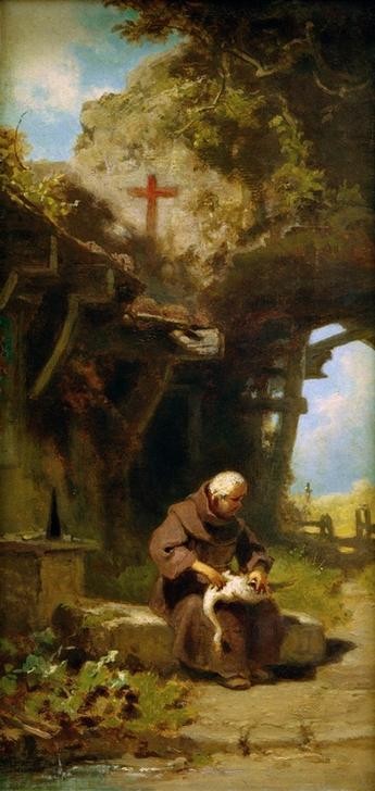 Carl Spitzweg, Eine Gans rupfender Einsiedler (Deutsche Kunst,Katholische Kirche,Kirche,Kunst,Mann,Religion,Biedermeier,Mönch,Gans (Zoologie),Geflügel,Eremit,Einsamkeit,Genre,Einsiedelei,Federrupfen,Männerleben,Alleinstehender)