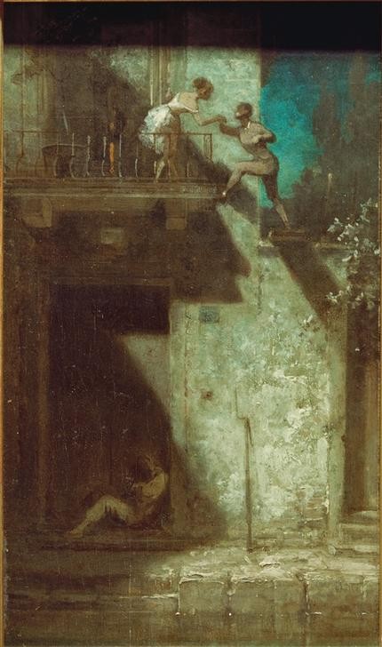 Carl Spitzweg, Nächtliches Stelldichein (Architektur,Balkon,Commedia Dell'arte,Deutsche Kunst,Frau,Jugend (Lebensalter),Kunst,Liebe,Liebe Und Ehe,Liebespaar,Mann,Sehnsucht (Gefühl),Tänzerin,Szene,Tageszeiten,Nacht,Wachtposten,Fensterln,Genre,Pierrot,Heimliche Liebe,Heimlichkeit,Trikot,Mut (Coura)