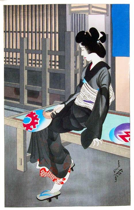Oda Tomiya, Beauty Resting on a Summer Evening (Frau, Japanerin, Geisha, Geschichte, Japanische Kunst, Kimono, Tracht, Tradition, Ethnik, Wohnzimmer, Wunschgröße, Klassiker)