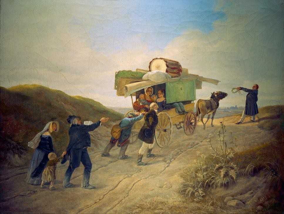 Carl Spitzweg, Reisende Komödianten (Deutsche Kunst,Fahrendes Volk,Kunst,Landstrasse,Pferdefuhrwerk,Schauspieler,Theater,Verkehr,Strassentheater Etc. Wanderbühne,Biedermeier,Genre,Wanderbühne,Schauspieltruppe,Schieben,Auswendiglernen,Rollenstudium,Fuhrwerk)