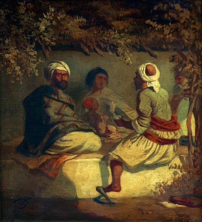 Carl Spitzweg, Türken in einer Laube (Deutsche Kunst,Kunst,Mann,Völkerkunde,Pergola,Biedermeier,Turban,Orientalismus,Genre,Herrenrunde,Schneidersitz,Pantoffel,Männerleben,Islamische Länder,Islamische Welt)