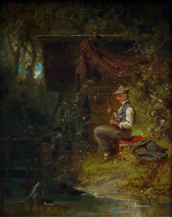 Carl Spitzweg, Der Angler (Angeln (Sport),Deutsche Kunst,Kunst,Mann,Freizeit,Biedermeier,Fisch,Reise,Hobby,Genre,Schirmmütze,Männerleben)