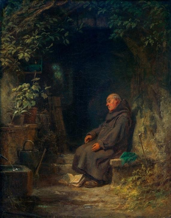 Carl Spitzweg, Schlafender alter Eremit (Christentum,Deutsche Kunst,Katholische Kirche,Kirche,Kunst,Mann,Religion,Biedermeier,Höhle,Mönch,Eremit,Genre,Im Freien (Allgemein),Schlafen (Schlaf),Im Sitzen Schlafen,Höhlenwohnung,Nickerchen,Schlafen (Im Freien))