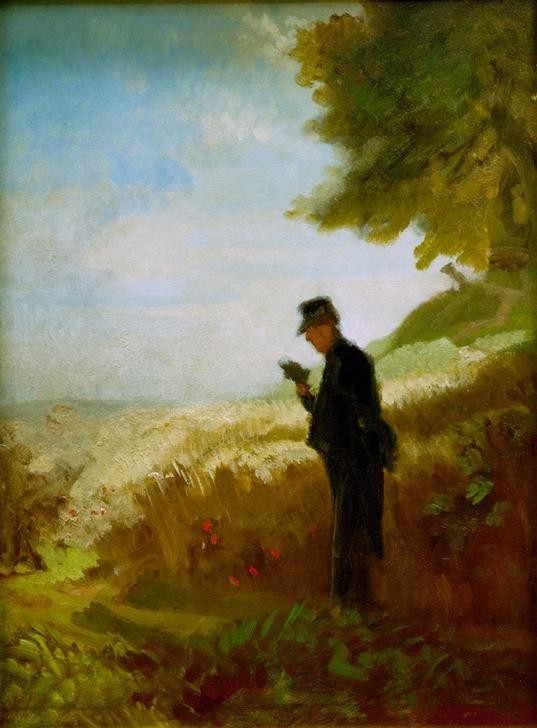 Carl Spitzweg, Der Spaziergang (Buch,Deutsche Kunst,Kunst,Leser,Mann,Pfarrer,Freizeit,Spaziergang,Biedermeier,Lesen (Allgemein),Reise,Genre,Gebetbuch,Im Freien (Allgemein),Brevier,Männerleben)