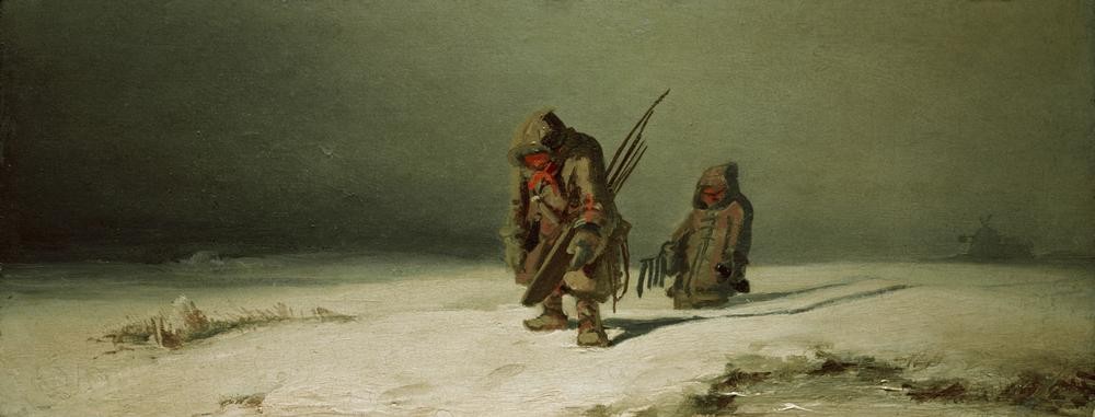 Carl Spitzweg, Polargegend (Die Eskimos) (Deutsche Kunst,Eis (Kälte),Eskimos,Kunst,Landschaft,Völkerkunde,Winterkleidung,Kleidung (Allgemein),Kälte,Fischfang,Land Und Leute)