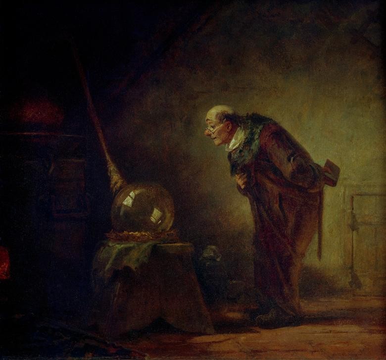 Carl Spitzweg, Der Alchimist mit Buch in der linken Hand (Alchemie,Chemie,Destillation,Deutsche Kunst,Experiment,Gelehrter,Alchemist,Kunst,Labor,Mode,Alter,Biedermeier,Hausmantel,Hobby,Neugier,Genre,Zufriedenheit)