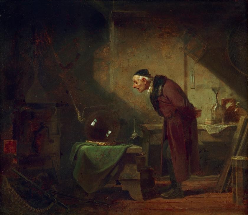 Carl Spitzweg, Der Chemikus (Alchemie,Chemiker,Chemie,Destillation,Deutsche Kunst,Experiment,Gelehrter,Naturwissenschaftler,Alchemist,Kunst,Labor,Mann,Mode,Naturwissenschaft,Alter,Biedermeier,Hausmantel,Hobby,Neugier,Genre,Phiole,Zufriedenheit,Destillierapparat,Kolben)