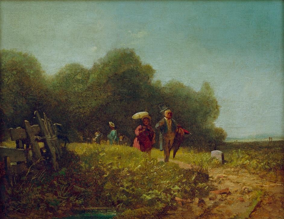 Carl Spitzweg, Sonntagsspaziergang (Ausflug,Deutsche Kunst,Familie,Gesellschaft,Jahreszeiten,Kunst,Landschaft,Mensch,Freizeit,Sommer,Spaziergang,Wochentage,Sonntag,Biedermeier,Reise,Sonnenschirm,Bürgertum,Genre,Hitze)