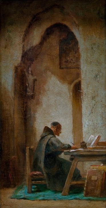 Carl Spitzweg, Studierender Mönch (Bibliothek,Christentum,Deutsche Kunst,Gelehrter,Katholische Kirche,Kloster,Kunst,Religion,Schreiber,Theologe,Biedermeier,Theologie,Mönch,Genre,Schreiben,Studium,Geisteswissenschaft)